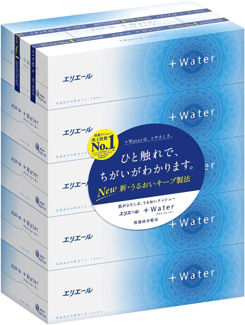 エリエール ティッシュ プラスウォーター(+Water) 180組×5箱