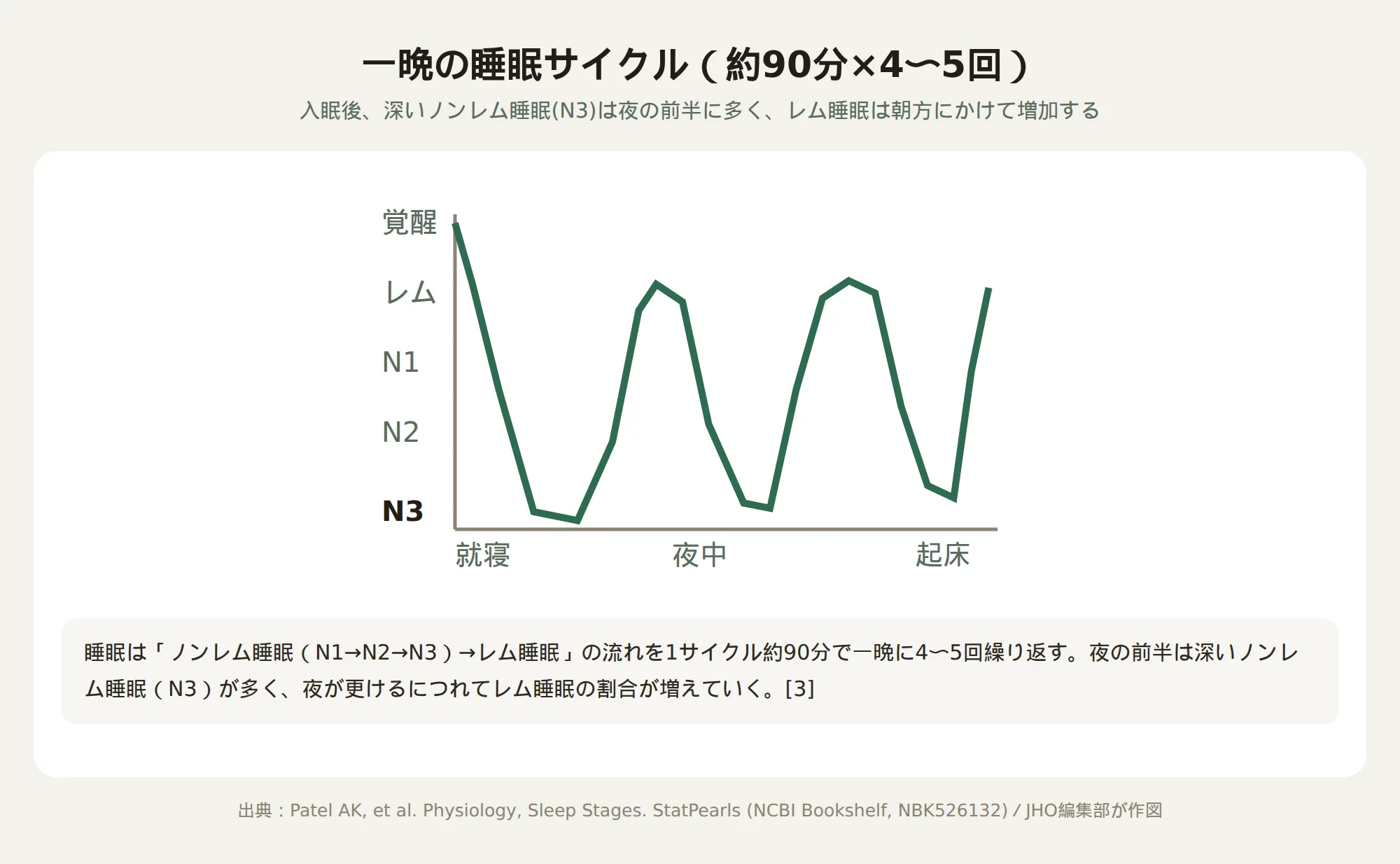 一晩の睡眠サイクル、約90分周期で4〜5回、深いノンレム睡眠と レム睡眠を繰り返すグラフ