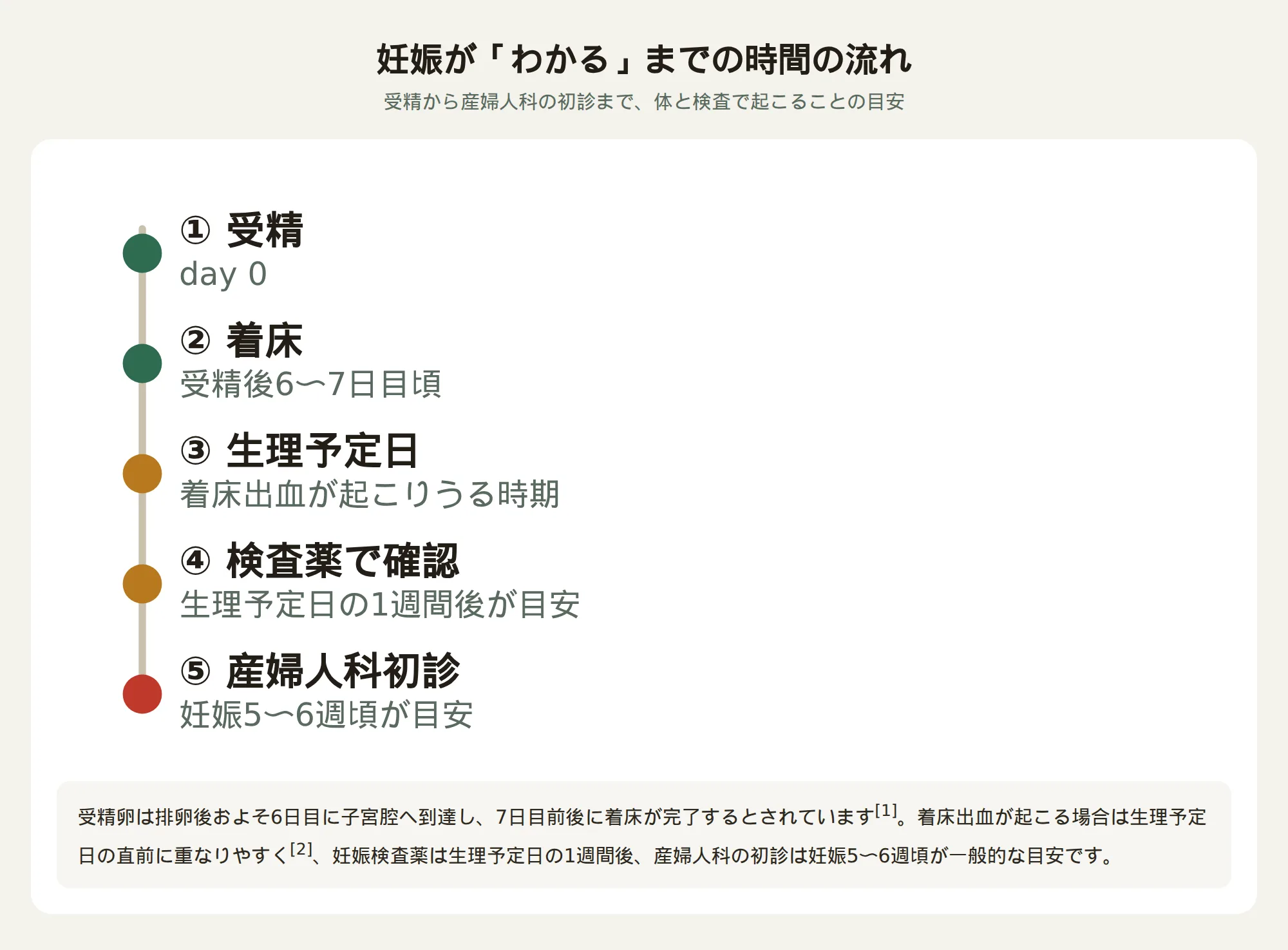 妊娠が「わかる」までの時間の流れ：受精から着床、生理予定日、検査薬、産婦人科初診までのタイムライン図