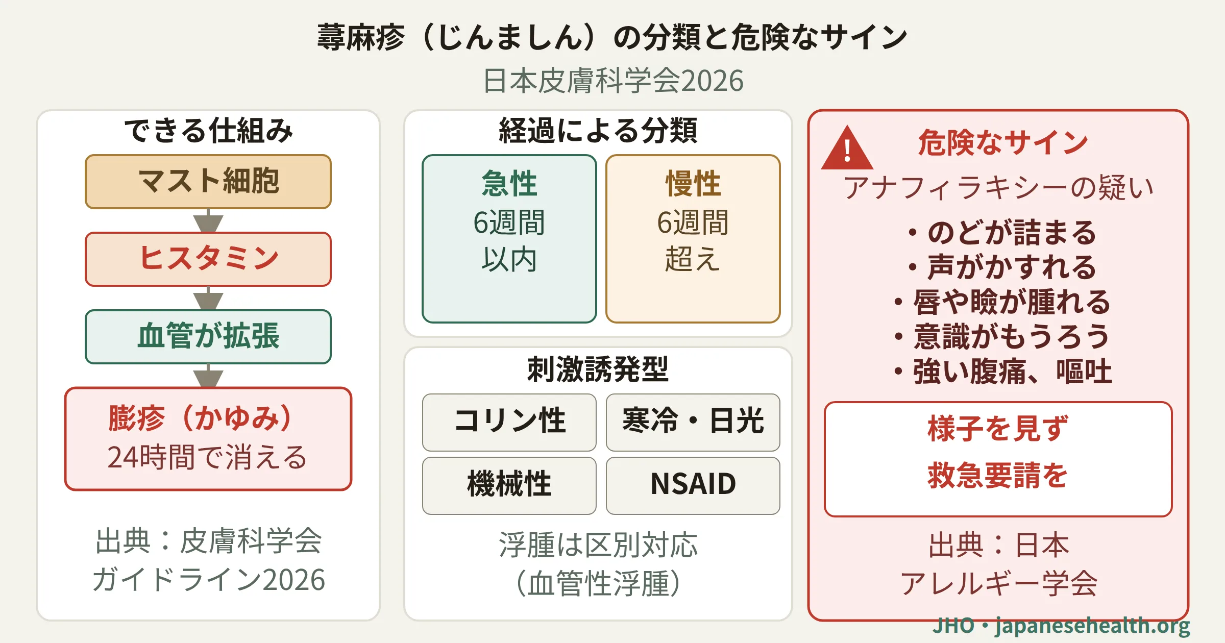 マスト細胞からヒスタミンが放出され膨疹ができる仕組みと、蕁麻疹の主な分類・危険なサインを示す図