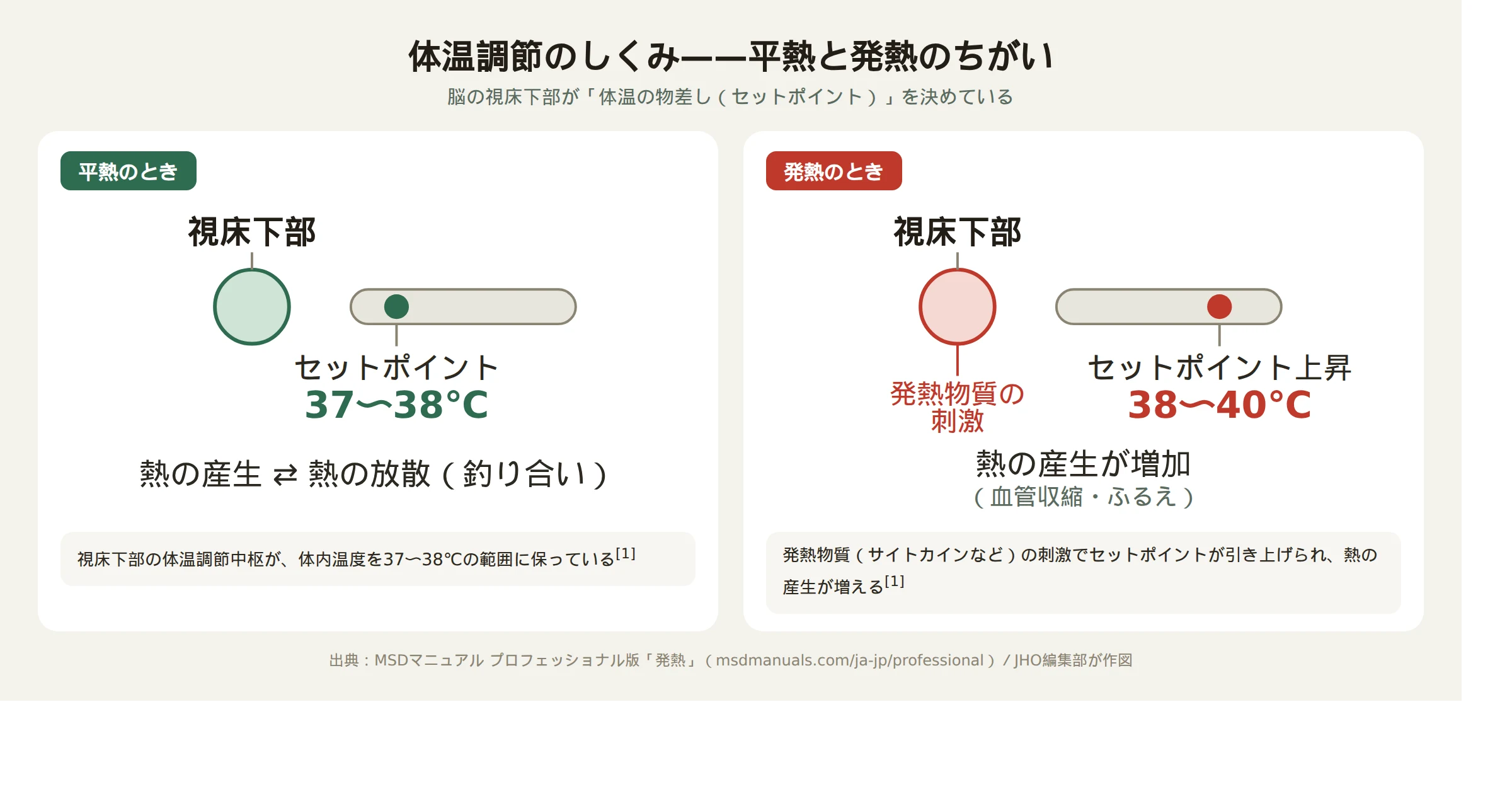 体温調節のしくみを示す図解。平熱時は視床下部のセットポイントが約37〜38℃に保たれ熱の産生と放散が釣り合っている一方、発熱時は発熱物質の刺激でセットポイントが約38〜40℃に上昇し熱の産生が増えることを比較した図