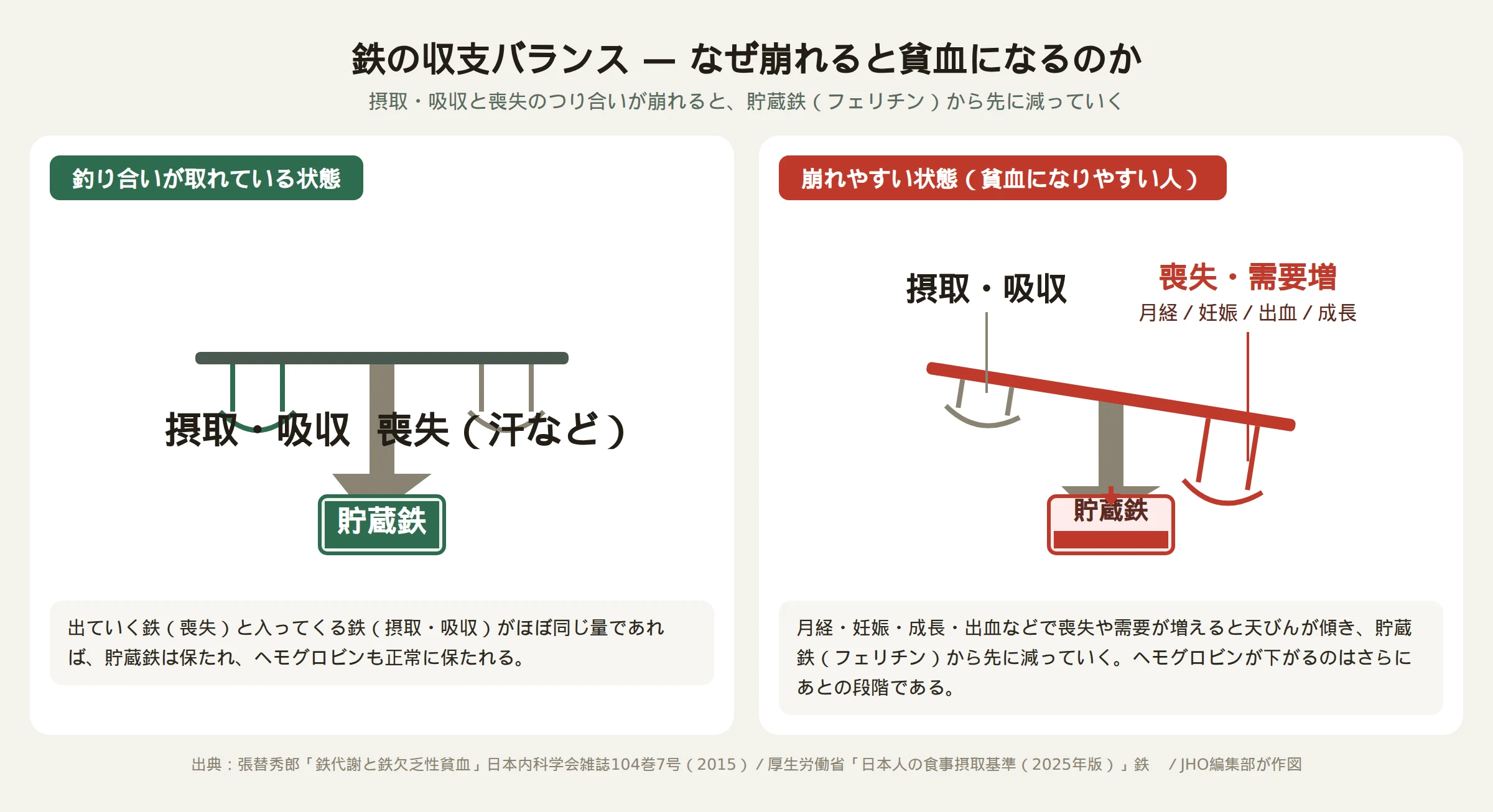 鉄の収支バランスが保たれている状態と崩れている状態を示す図