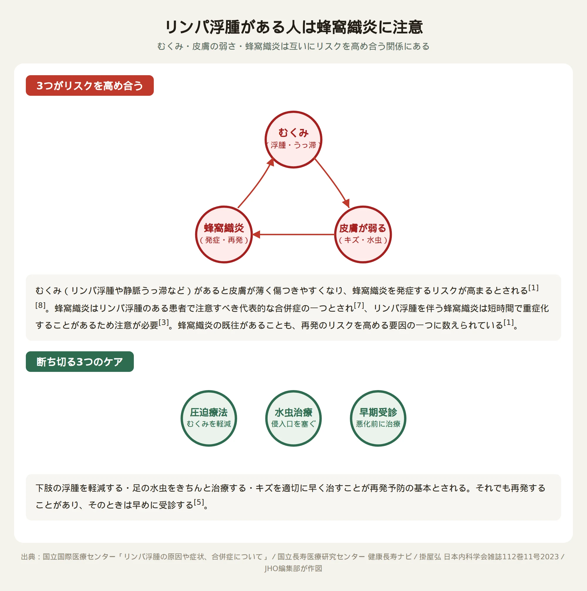 むくみ・皮膚が弱ること・蜂窩織炎の発症再発の3つが矢印でつながり互いにリスクを高め合う三角形の図。下段には圧迫療法・水虫治療・早期受診という3つの予防策を示すアイコンが並んでいる