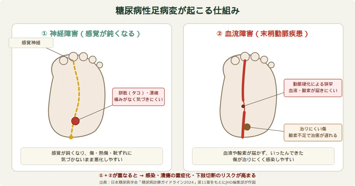 糖尿病性足病変が起こる仕組み。神経障害により感覚が鈍くなり傷や靴ずれに気づきにくくなること、血流障害（末梢動脈疾患）により動脈硬化で血液・酸素が届きにくくなり傷が治りにくくなること、両方が重なると感染・潰瘍の重症化や下肢切断のリスクが高まることを示す図