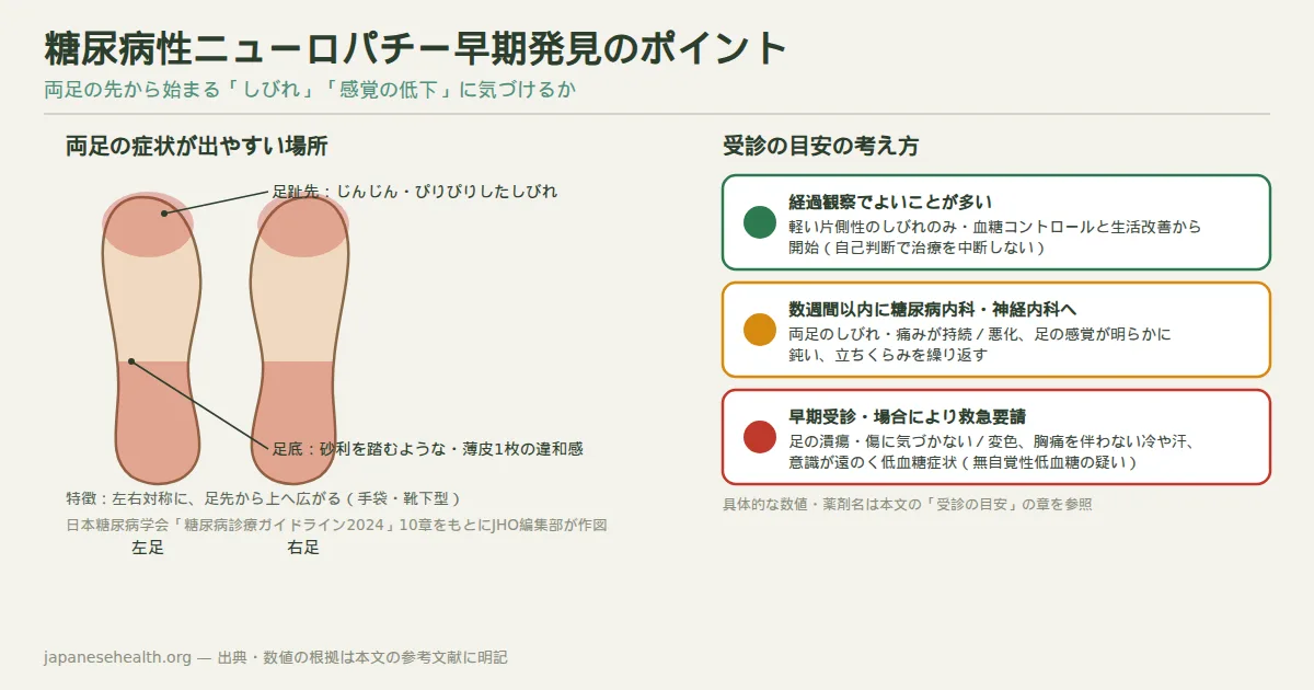 糖尿病性ニューロパチーの主な自覚部位（両足の指先・足底に左右対称のしびれ）と、受診の目安を3段階（経過観察・数週間以内に受診・早期受診）で示した図