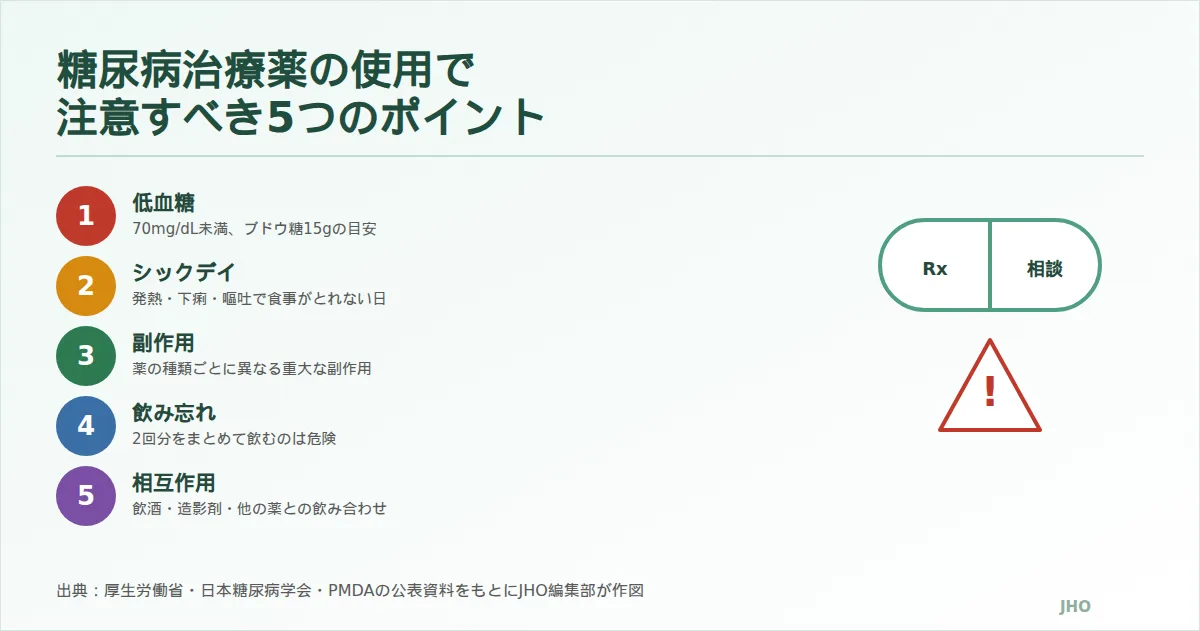 糖尿病治療薬を使ううえで注意すべき5つのポイント（低血糖・シックデイ・副作用・飲み忘れ・相互作用）をまとめた図解