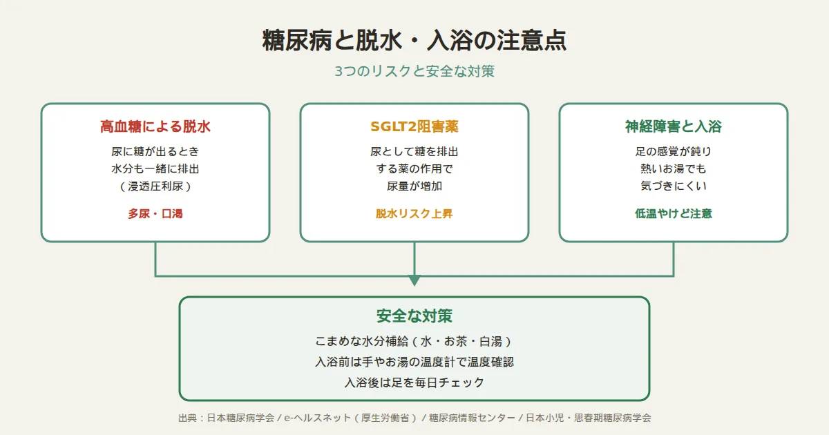 糖尿病患者の脱水と入浴における3つのリスク（高血糖による多尿・口渇、SGLT2阻害薬による脱水リスク上昇、神経障害によるやけど気づきにくさ）と、こまめな水分補給・温度確認・入浴後の足チェックという安全な対策を示した図