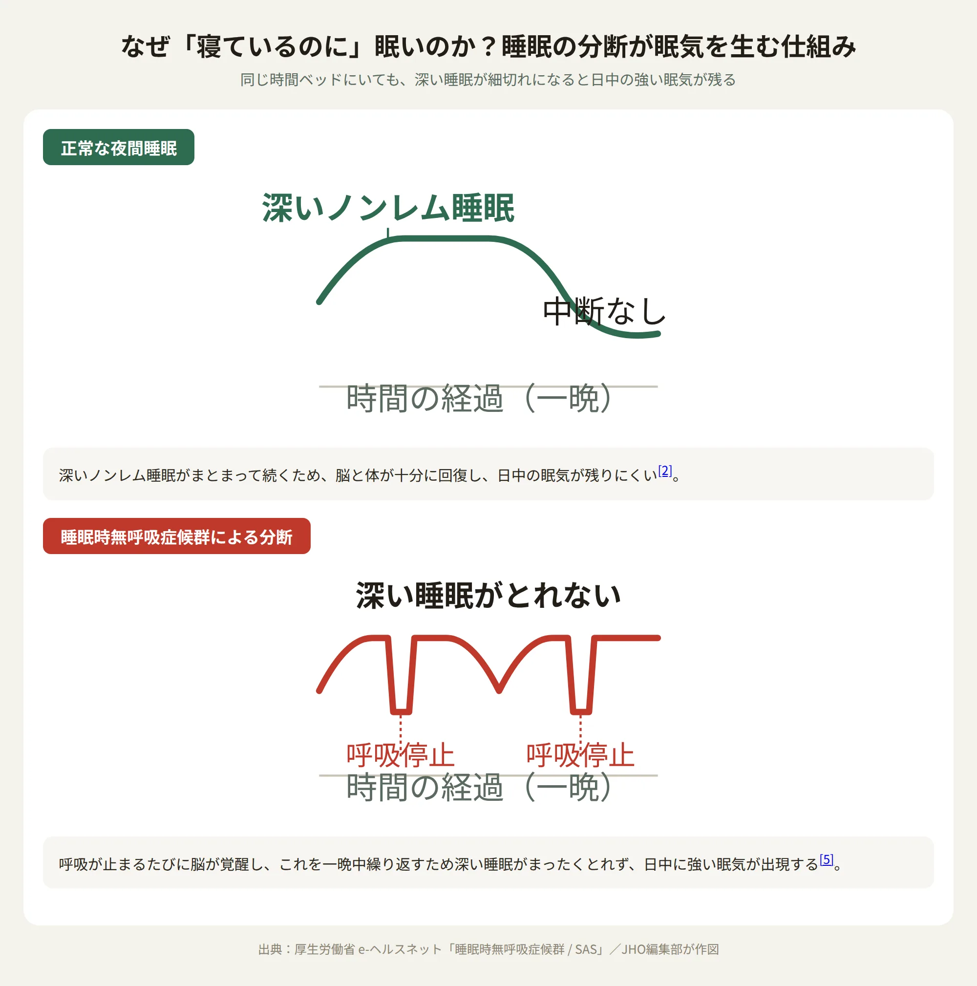 睡眠時無呼吸症候群による睡眠の分断が日中の眠気を引き起こす仕組みを示す図