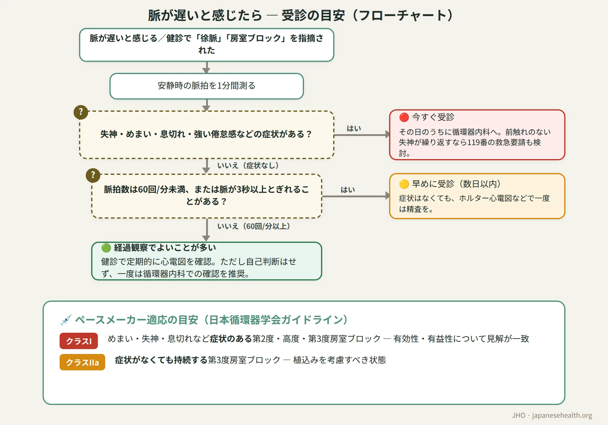 脈が遅い場合の受診の目安を判定するフローチャート。失神・めまい・息切れ・強い倦怠感などの症状があれば今すぐ受診、症状がなく脈拍数60回未満または3秒以上とぎれるなら早めに循環器内科、60回以上で無症状なら経過観察、あわせてペースメーカー適応クラスI・IIaの目安を示す
