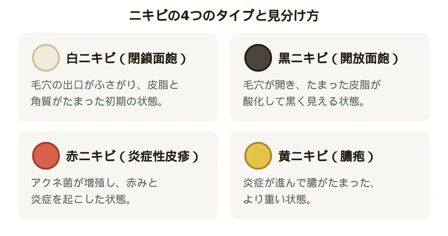 ニキビの4つのタイプ（白ニキビ・黒ニキビ・赤ニキビ・黄ニキビ）の見た目と重症度の見分け方