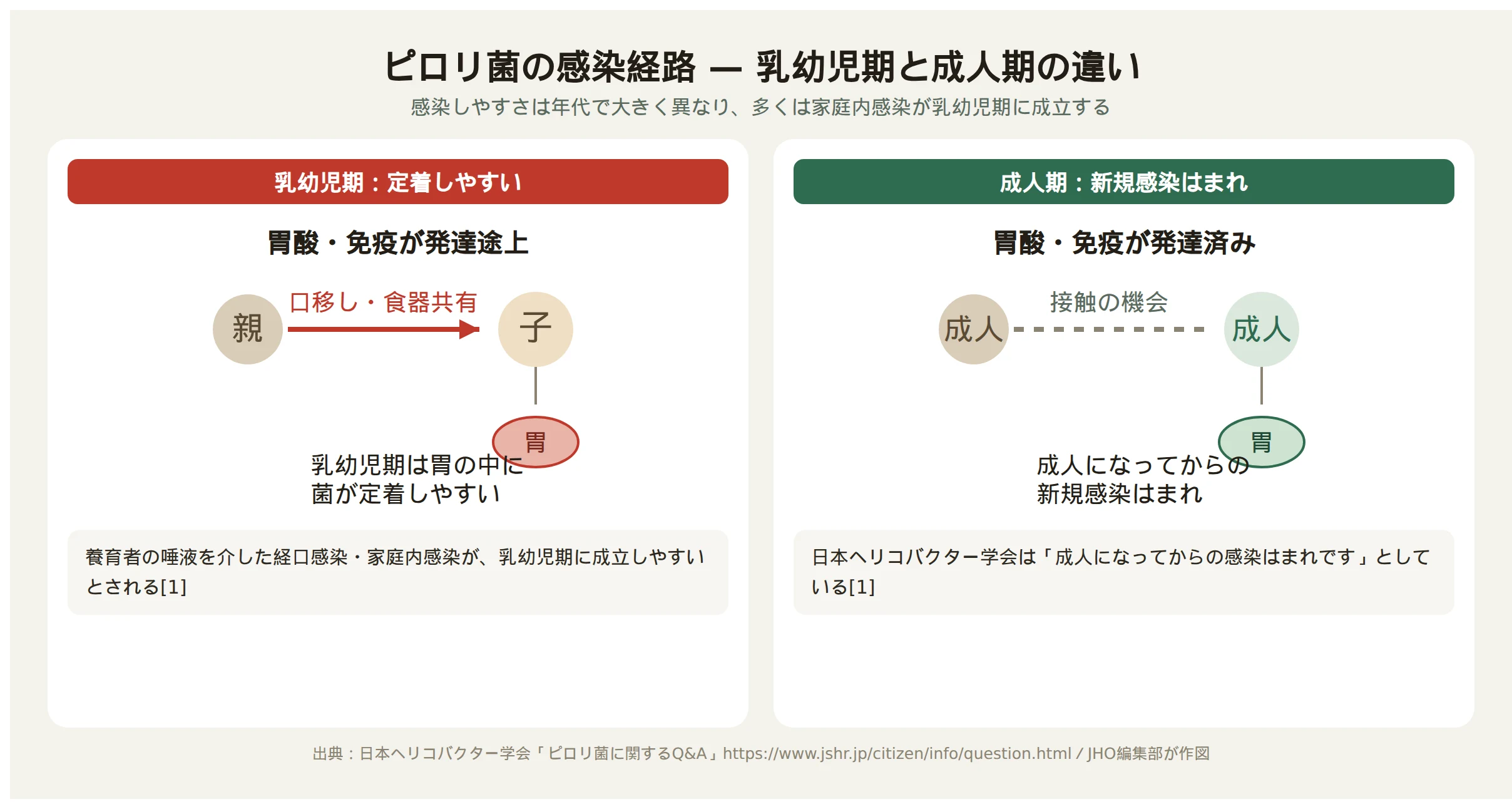 乳幼児期の家庭内感染と成人期の新規感染のしやすさを対比した図