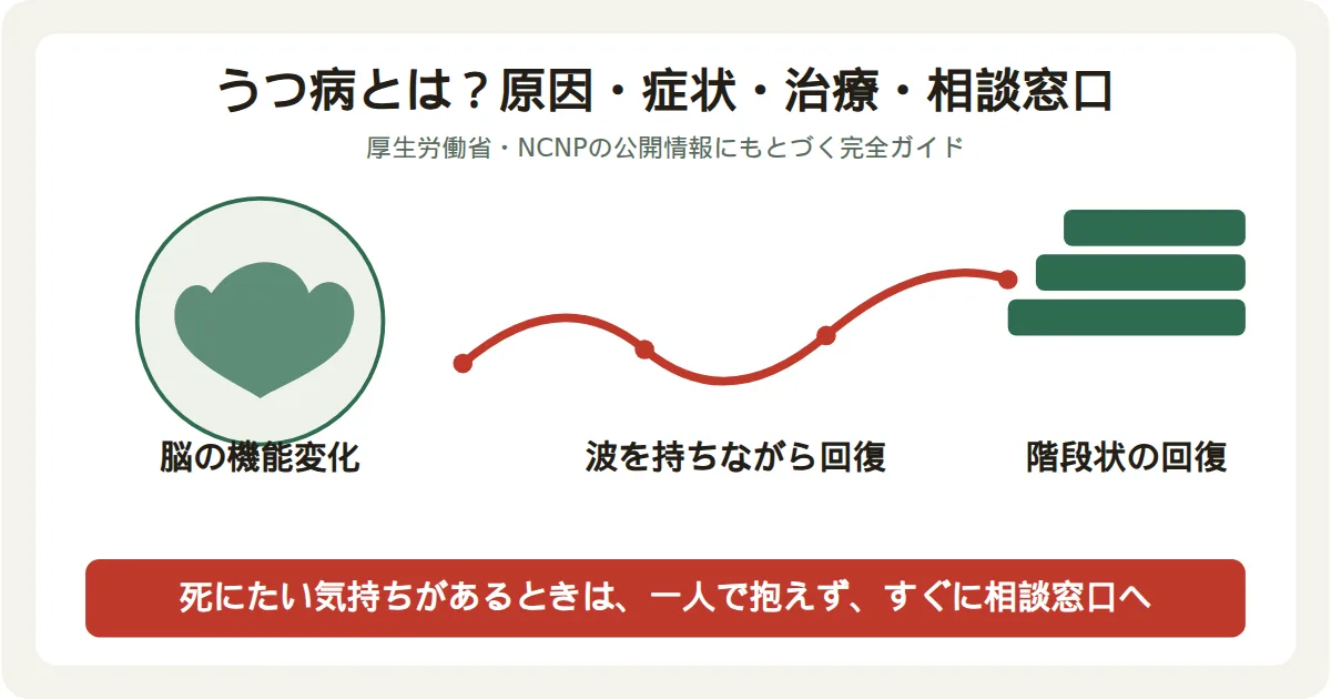 うつ病の原因・症状・治療・相談窓口を示す図解、脳の機能変化と回復の経過