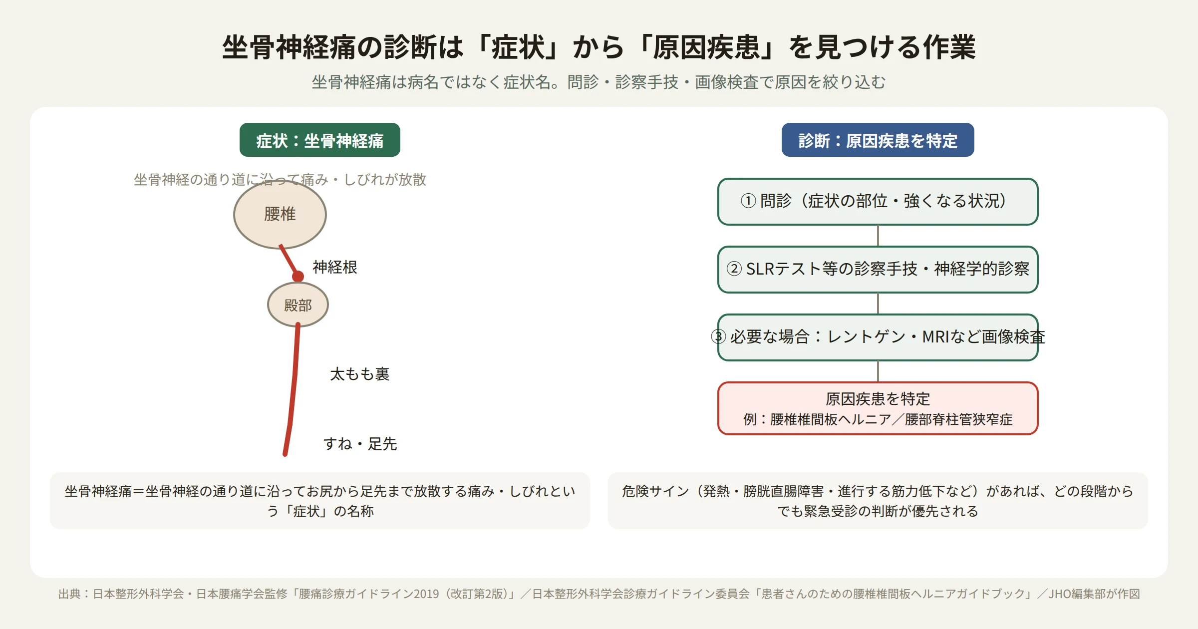 坐骨神経痛は症状名であり、問診・診察手技・画像検査を通じて原因疾患を特定する診断の流れを示す図解