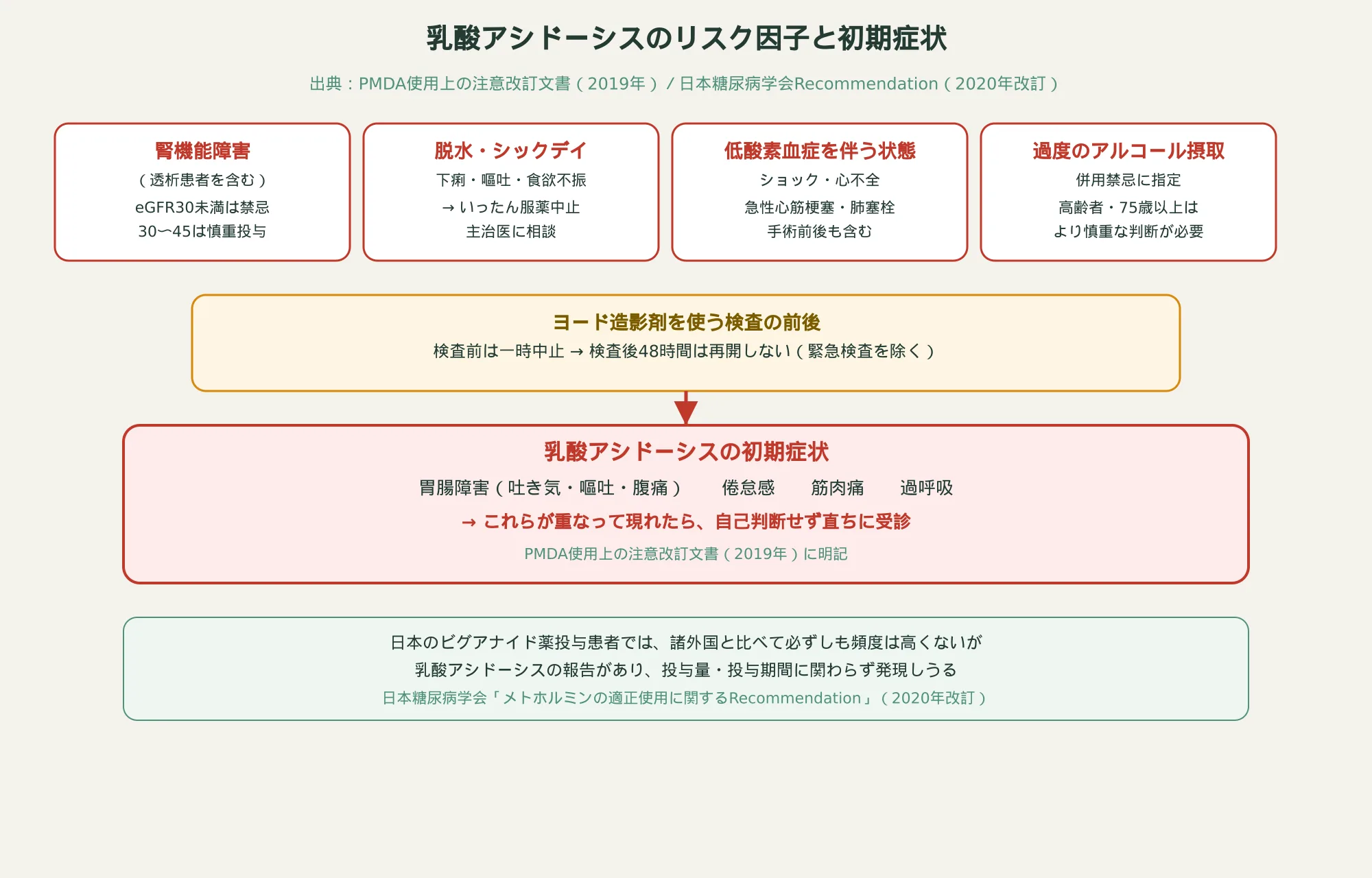 腎機能低下・脱水・低酸素状態・アルコール過剰摂取という4つのリスク因子とヨード造影剤検査時の休薬ルール、胃腸障害・倦怠感・筋肉痛・過呼吸という乳酸アシドーシスの初期症状を示す図